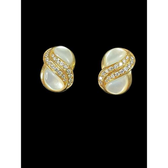 Kabana 14k Gold Mother-of-Pearl & Diamond Swirl Earrings - Signed Vintage 8.1 G